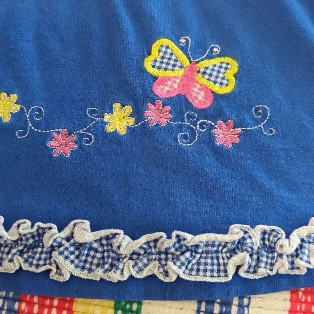 Vintage blue dress with embroidered butterfly and‎ gingham ruffle details